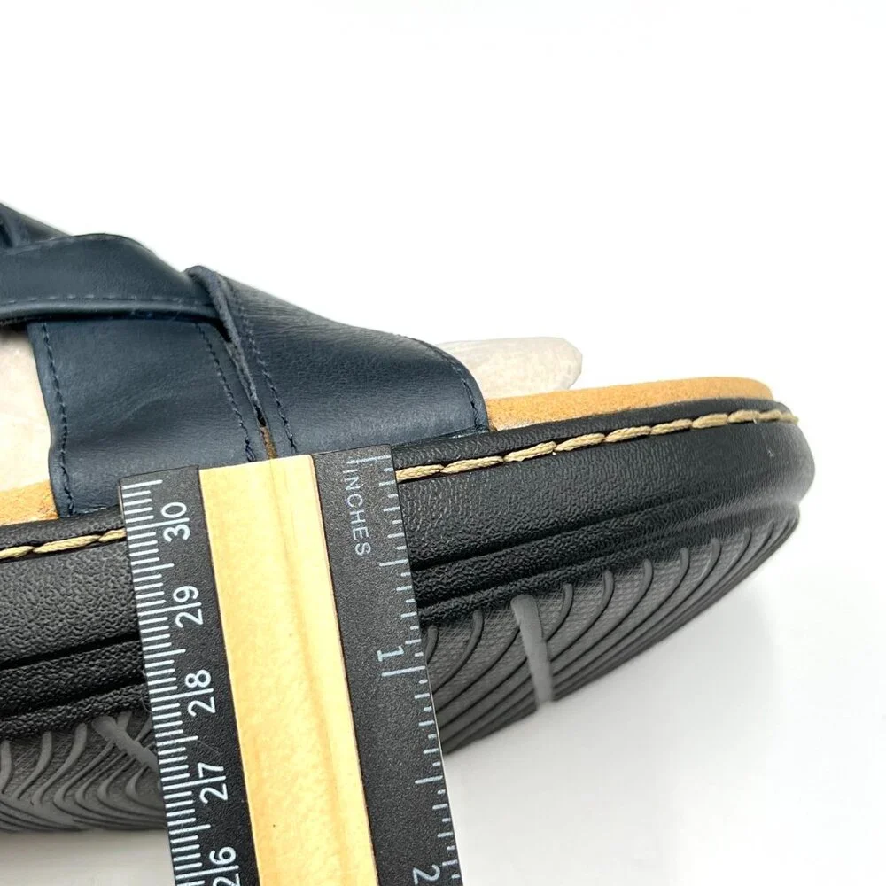 Clarks‎ Womens Size 12 Merliah Echo Navy Blue Leather Low Wedges Sandals Shoes